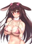  1girl animal_ears bikini blush breasts brown_hair cleavage hair_ribbon highres large_breasts long_hair looking_at_viewer navel original parted_lips pink_bikini rabbit_ears red_eyes ribbon simple_background smile solo swimsuit untsue white_background 