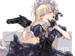  1girl aiguillette ashita_kura black_gloves blonde_hair corset dress earrings finger_to_mouth frills girls_frontline gloves gun hair_ornament hair_ribbon hairclip handgun highres holding holding_gun holding_weapon hoop_skirt jewelry long_hair looking_at_viewer maid_headdress ppk_(girls_frontline) puffy_short_sleeves puffy_sleeves ribbon short_sleeves solo very_long_hair walther walther_ppk weapon yellow_eyes 