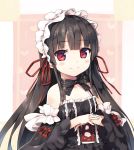  1girl bangs bare_shoulders black_bow black_dress black_hair blush bow breasts closed_mouth collarbone cross-laced_clothes cura detached_sleeves dress eyebrows_visible_through_hair frilled_dress frills gothic_lolita hachiroku_(maitetsu) hands_up heart highres lace lace-trimmed_dress lolita_fashion long_hair long_sleeves looking_at_viewer maitetsu own_hands_together red_bow red_eyes red_ribbon ribbon sleeveless sleeveless_dress small_breasts smile solo striped striped_bow upper_body wide_sleeves 