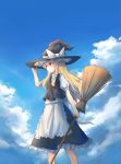  1girl absurdres apron black_hat black_skirt blonde_hair blue_sky bow braid brown_eyes clouds day fen_zuo floating_hair frilled_apron frilled_skirt frills hand_on_headwear hat hat_bow highres holding kirisame_marisa long_hair outdoors shirt short_sleeves skirt sky solo standing touhou very_long_hair waist_apron white_apron white_bow white_shirt witch_hat 