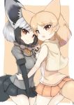  2girls :d animal_ears bat-eared_fox_(kemono_friends) black_hair black_skirt blonde_hair bow bowtie brown_eyes extra_ears eyebrows_visible_through_hair fox_ears hand_holding highres interlocked_fingers kemono_friends looking_at_viewer medium_hair multiple_girls open_mouth orange_skirt pale_fox_(kemono_friends) pleated_skirt silver_hair simple_background skirt smile teranekosu 