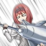  1girl ark_royal_(kantai_collection) biting brown_gloves commentary_request eating fingerless_gloves fish gloves highres kantai_collection redhead short_hair simple_background solo swordfish tiara tk8d32 white_background 