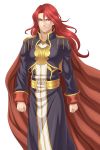  1boy alvis_(fire_emblem) cape european_clothes fire_emblem fire_emblem:_seisen_no_keifu long_hair looking_at_viewer nintendo red_eyes redhead rere_(yusuke) shoulder_pads simple_background smile solo wavy_hair white_background 