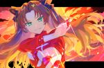  1girl black_ribbon blue_eyes brown_hair dutch_angle fate/stay_night fate_(series) gem highres hikari50503 letterboxed long_hair long_sleeves ribbon solo tohsaka_rin turtleneck twintails 