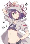  1girl ;) arm_up black_choker choker commentary_request crop_top facial_mark green_eyes groin hair_between_eyes hat highres horizontal_pupils jacket looking_at_viewer merry_nightmare midriff navel one_eye_closed puffy_short_sleeves puffy_sleeves purple_hair short_hair short_sleeves simple_background smile solo white_background yumekui_merry yupinaccho 