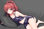  1girl bangs bare_shoulders barefoot blush breasts chigusa_asuha cleavage collarbone expressionless eyebrows_visible_through_hair feet hair_ornament hairclip hand_on_own_thigh long_hair looking_at_viewer lying navel on_side pillow ponytail qualidea_code red_eyes redhead scrunchie sekiya_asami sideboob sidelocks small_breasts solo swimsuit 