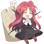  1girl :d ^_^ bat_wings blush chibi closed_eyes closed_eyes dress_shirt eyebrows_visible_through_hair flag happy head_wings heart koakuma long_hair looking_at_viewer low_wings open_mouth red_legwear redhead satou_kibi shirt sidelocks simple_background skirt skirt_set smile touhou tower very_long_hair vest white_background white_shirt wings 