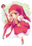  1girl bangs blonde_hair blush bow bracelet braid dragon_quest dragon_quest_xi dress eyebrows_visible_through_hair flower full_body grey_footwear hat holding holding_staff jewelry kichijou_agata long_hair looking_at_viewer open_mouth orange_legwear puffy_short_sleeves puffy_sleeves red_bow red_hat short_sleeves socks solo staff twin_braids veronica_(dq11) violet_eyes white_background 