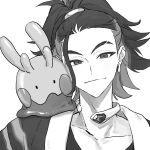  1boy adaman_(pokemon) closed_mouth coat commentary_request earrings eyebrow_cut goomy greyscale highres jewelry looking_at_viewer male_focus monochrome multicolored_hair neck_ring on_shoulder poi_poifu pokemon pokemon_(creature) pokemon_(game) pokemon_legends:_arceus portrait simple_background 