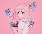  1girl artist_name bangs bendy_straw black_eyes crescent crescent_moon drink drinking_straw from_behind game_boy_advance game_boy_advance_sp game_boy_color game_console handheld_game_console holding liquid looking_at_viewer looking_back medium_hair meyoco moon nintendo nintendo_switch original pink_background pink_hair pun shirt short_sleeves simple_background solo sparkle star upper_body white_shirt 