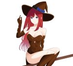  1girl absurdres bare_shoulders breasts cleavage collarbone corset dress gloves hat highres large_breasts long_hair looking_at_viewer original redhead simple_background sitting sitting_on_object solo talnory violet_eyes witch witch_hat 