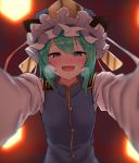  1girl blurry blurry_background blush buttons clothing_request commentary_request eyebrows_visible_through_hair frilled_hat frills green_eyes green_hair half-closed_eyes hat heavy_breathing highres looking_at_viewer open_mouth pov shiki_eiki sweat teraguchi touhou undershirt upper_body 