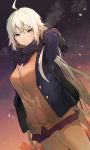  1girl ahoge arm_up backpack bag black_scarf blazer blue_jacket breasts brown_cardigan brown_eyes brown_legwear commentary_request dutch_angle fate/grand_order fate_(series) hand_in_hair highres itohana jacket jeanne_d&#039;arc_(alter)_(fate) jeanne_d&#039;arc_(fate)_(all) long_hair long_sleeves looking_at_viewer medium_breasts miniskirt outdoors pantyhose pleated_skirt red_neckwear red_skirt scarf school_uniform silver_hair skirt sky solo twilight v-shaped_eyebrows very_long_hair white_background 