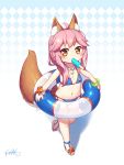  1girl animal_ear_fluff animal_ears bangs bare_shoulders bikini blue_bikini blush bracelet brown_footwear brown_hair eyebrows_visible_through_hair fate/grand_order fate_(series) flat_chest food food_in_mouth fox_ears fox_girl fox_tail highres holding holding_innertube innertube jewelry langbazi letterboxed long_hair looking_at_viewer mouth_hold navel necklace pink_hair popsicle sandals side-tie_bikini sidelocks signature solo standing standing_on_one_leg starfish swimsuit tail tail_raised tamamo_(fate)_(all) tamamo_no_mae_(swimsuit_lancer)_(fate) water younger 