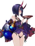  absurdres bikini bikini_under_clothes black_bikini blush breasts cup fate/grand_order fate_(series) gourd hair_ornament highres japanese_clothes kimono obi off_shoulder oni oni_horns purple_hair purple_kimono revealing_clothes sakazuki sash short_hair short_kimono shuten_douji_(fate/grand_order) simple_background small_breasts swimsuit to_kage violet_eyes white_background 