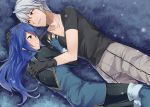  1boy 1girl a_meno0 blue_eyes blue_hair blush couple fire_emblem fire_emblem:_kakusei gloves hetero long_hair lucina male_my_unit_(fire_emblem:_kakusei) mejiro my_unit_(fire_emblem:_kakusei) nintendo short_hair silver_hair smile tiara white_hair 