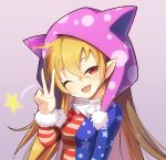  1girl ;d adapted_costume american_flag_dress animal_hat bangs blonde_hair blue_dress blush breasts cat_hat clownpiece commentary_request dress eyebrows_visible_through_hair fang fur_trim hair_between_eyes hand_up hat head_tilt long_hair long_sleeves neck_ruff one_eye_closed open_mouth pointy_ears polka_dot_hat pom_pom_(clothes) purple_background purple_hat red_dress red_eyes simple_background small_breasts smile solo star star_print striped striped_dress touhou v white_dress z.o.b 