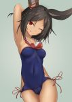  1girl ;) animal_ears arm_behind_back arm_behind_head arm_up armpits azur_lane bangs black_hair blue_swimsuit breasts casual_one-piece_swimsuit closed_mouth collarbone commentary_request covered_navel cowboy_shot dark_skin eyebrows_visible_through_hair grey_background groin head_tilt i-26_(azur_lane) medium_hair one-piece_swimsuit one_eye_closed one_side_up parted_bangs red_eyes red_neckwear red_ribbon ribbon ribbon-trimmed_swimsuit ribbon_trim sailor_collar simple_background small_breasts smile solo swimsuit west_(vaem5527) white_sailor_collar 