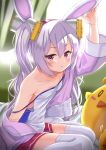  1girl :t animal_ears arm_up azur_lane bangs bare_shoulders bed_sheet blush camisole closed_mouth collarbone commentary_request eyebrows_visible_through_hair fur-trimmed_jacket fur_trim hair_between_eyes hair_ornament hairband highres jacket laffey_(azur_lane) long_sleeves looking_at_viewer off_shoulder pleated_skirt pout purple_hair purple_jacket rabbit_ears red_eyes red_hairband red_skirt sidelocks sitting skirt solo strap_slip stuffed_animal stuffed_bird stuffed_toy thigh-highs tsukiman white_camisole white_legwear 