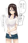  1girl alternate_costume arm_grab blue_eyes brown_hair collarbone cutoffs denim denim_shorts girls_und_panzer hair_between_eyes highres long_hair nonna off_shoulder shorts solo tiyo_ryuji translation_request white_background 