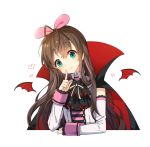  1girl a.i._channel bangs bat_wings black_cape blush brown_hair cape closed_mouth collared_shirt commentary_request detached_sleeves detached_wings eyebrows_visible_through_hair green_eyes hair_between_eyes hair_ribbon halloween head_tilt heart high_collar kizuna_ai long_hair long_sleeves mini_wings multicolored multicolored_cape multicolored_clothes multicolored_hair pink_hair pink_ribbon red_cape red_wings ribbon shirt simple_background sleeveless sleeveless_shirt sleeves_past_wrists smile solo streaked_hair tp_(kido_94) upper_body virtual_youtuber white_background white_shirt white_sleeves wings 