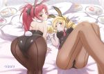  2girls all_fours animal_ears apple_bunny ass bangs bare_shoulders bed_sheet black_leotard blonde_hair blush breasts brown_legwear bunny_girl bunnysuit commentary_request drill_hair eyebrows_visible_through_hair food hair_between_eyes leotard long_hair looking_at_viewer looking_back lying mahou_shoujo_madoka_magica medium_breasts multiple_girls on_back pantyhose parted_bangs pillow plate pocky ponytail rabbit_ears red_eyes redhead sakura_kyouko strapless strapless_leotard tomoe_mami tray twin_drills umiroku wrist_cuffs yellow_eyes 