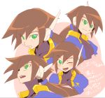  1girl aile bangs blush brown_hair closed_mouth expressions eyebrows_visible_through_hair face green_eyes hair_between_eyes long_hair looking_up multiple_views one_eye_closed open_mouth ponytail robot_ears rockman rockman_zx rockman_zx_advent serious smile 