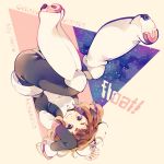  ! 1girl blush bodysuit boku_no_hero_academia boots breasts brown_eyes brown_hair character_name commentary_request copyright_name edward-el english eyebrows floating knee_boots looking_at_viewer medium_breasts night short_eyebrows short_hair sky smile solo star_(sky) starry_sky upside-down uraraka_ochako 