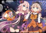  2girls :d :p animal_ears animal_hood bare_shoulders black_cape black_choker black_dress black_gloves black_legwear blonde_hair blurry blush bow braid brown_shorts candy candy_wrapper cape cevio choker claw_pose collarbone collared_shirt commentary_request cross-laced_clothes crossover demon_tail dress elbow_gloves fang food ghost gloves hair_bow hair_flaps halloween halloween_basket hands_up hood hood_up hooded_cape ia_(vocaloid) lollipop long_hair long_sleeves multiple_girls nail_polish night night_sky one_(cevio) open_mouth orange_vest pink_hair pumpkin purple_bow purple_nails shikino_(sikinonono) shirt short_shorts shorts side_braids silk sky sleeveless sleeveless_dress smile spider_web star_(sky) starry_sky striped swirl_lollipop tail thigh-highs tongue tongue_out twin_braids vertical-striped_vest vertical_stripes very_long_hair vocaloid white_shirt 