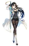  ahoge bai_(closers) breasts cleavage cleavage_cutout closers garter_straps gloves glowing glowing_weapon hair_between_eyes hair_blowing jian_(weapon) leggings long_coat long_hair looking_at_viewer medium_breasts official_art red_eyes serious sheath shorts sword thigh-highs violet_eyes weapon 