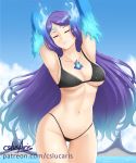  1girl armpits bikini breasts cleavage closed_eyes collarbone cslucaris fire gloves kagutsuchi_(xenoblade) large_breasts long_hair navel nintendo parted_lips purple_hair simple_background smile solo swimsuit water xenoblade_(series) xenoblade_2 