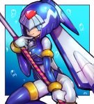  1girl android blue_background blue_eyes blush bubble capcom dakusuta detached_sleeves gloves helmet highres holding holding_staff leaning_forward leviathan_(rockman) outside_border rockman rockman_zero smile solo staff thigh-highs tongue tongue_out white_gloves 