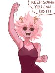  1girl arm_up ashido_mina black_sclera black_shirt boku_no_hero_academia clenched_hands english highres horns open_mouth pink_hair pink_skin sally_(luna-arts) shirt short_hair sleeveless sleeveless_shirt solo speech_bubble spiky_hair teeth white_background yellow_eyes 