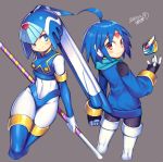  1boy 1girl ahoge artist_name black_legwear blue_eyes blue_footwear blue_hair blush bodysuit boots breasts closed_mouth dated iroyopon leviathan_(rockman) long_hair looking_at_viewer medium_breasts pantyhose red_eyes rockman rockman_zero rockman_zx rockman_zx_advent short_hair signature smile thetis thigh-highs thigh_boots 
