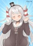  1girl ahenn amatsukaze_(kantai_collection) blue_background brown_dress closed_eyes cowboy_shot dress emphasis_lines gloves hair_tubes happy hat kantai_collection long_hair mini_hat sailor_dress short_dress silver_hair single_glove smile solo twitter_username two_side_up white_gloves windsock 