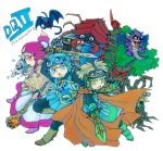 1girl 2boys blonde_hair bodysuit cape commentary_request curly_hair dragon_quest dragon_quest_ii drakee dress goggles goggles_on_head goggles_on_headwear hat hood hood_up long_hair monster multiple_boys open_mouth prince_of_lorasia prince_of_samantoria princess_of_moonbrook shield short_hair spiky_hair staff standing sword tree weapon 