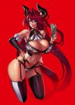  1girl bare_shoulders black_nails blue_eyes breasts center_opening cleavage detached_sleeves eu03 frills garter_straps hair_intakes hand_on_hip highres holding_money horns huge_breasts long_hair looking_at_viewer nail_polish navel original parted_lips red_background redhead revealing_clothes smile solo standing thigh-highs tsunoko very_long_hair 