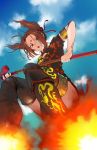  1girl ahoge armlet blue_sky brown_eyes brown_hair china_dress chinese_clothes cleavage_cutout dress facial_mark fate/grand_order fate_(series) fire flying forehead_mark from_below highres nezha_(fate/grand_order) polearm scrunchie sky spear twintails weapon zero-souma 