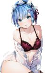  1girl 2018 bangs bare_shoulders blue_eyes blue_hair blunt_bangs blush bra breasts cleavage collarbone collared_shirt commentary_request dated dress_shirt eyebrows_visible_through_hair hair_ornament hair_ribbon hairband head_tilt highres lace lace-trimmed_bra long_sleeves looking_at_viewer maid maid_headdress medium_breasts off_shoulder open_clothes open_mouth open_shirt pink_ribbon purple_bra purple_ribbon re:zero_kara_hajimeru_isekai_seikatsu rem_(re:zero) ribbon shirt short_hair simple_background sitting solo thighs umibouzu_(niito) underwear upper_body white_background white_shirt x_hair_ornament 