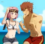  1boy 1girl :p abs artist_name bikini black_shorts blanko! brown_hair facial_hair flying_sweatdrops freckles headband klein kneeling lisbeth looking_at_another male_swimwear ocean pink_hair short_hair shorts smile stubble swim_trunks swimsuit swimwear sword_art_online tongue tongue_out 