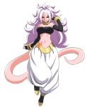  1girl absurdres ahoge android_21 android_21_(evil) arm_up baggy_pants bandeau bangle bare_shoulders black_footwear black_gloves black_sclera bracelet breasts cleavage commentary_request dragon_ball dragon_ball_fighterz earrings fingerless_gloves full_body gloves grin hair_between_eyes hair_strand harem_pants highres jewelry large_breasts leon_(mikiri_hassha) long_hair looking_at_viewer majin_android_21 midriff monster_girl navel pants pink_skin pointy_ears red_eyes shoes sidelocks silver_hair simple_background smile solo stomach tail very_long_hair white_background 