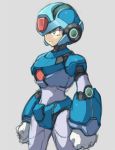  adapted_costume android blue_helmet capcom cowboy_shot gloves green_eyes grey_background helmet male_focus power_armor robot rockman rockman_x simple_background sketch solo white_gloves x_(rockman) yuusuke_(5yusuke3) 