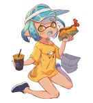  1girl aqua_hair bangs bare_legs blunt_bangs blush breasts character_request commentary domino_mask eating food_request highres holding inkling looking_at_viewer mask nintendo oversized_clothes oversized_shirt shirt short_eyebrows short_hair short_sleeves shorts_tan sitting small_breasts solo splatoon symbol_commentary tan tanline tentacle_hair thick_eyebrows wariza yellow_eyes yellow_shirt yu-ri 