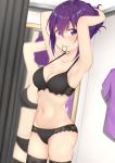  1girl armpits arms_up bangs bare_arms bare_shoulders black_bra black_legwear black_panties blurry blurry_background blush bra breasts bunching_hair cleavage closed_mouth collarbone commentary_request curtains depth_of_field eyebrows_visible_through_hair gochuumon_wa_usagi_desu_ka? hair_between_eyes hair_tie hair_tie_in_mouth highres indoors looking_at_viewer medium_breasts mirror mottsun_(i_40y) mouth_hold navel nose_blush panties purple_hair purple_shirt reflection shirt shirt_removed short_sleeves solo standing tedeza_rize thigh-highs underwear underwear_only v-shaped_eyebrows violet_eyes 