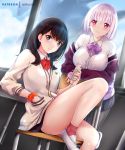  2girls artist_name ass bangs black_hair black_legwear black_skirt blue_eyes blush bow breasts cardigan cellphone chair classroom collared_shirt desk dress_shirt earphones earphones hand_in_pocket highres jacket kaijuu large_breasts lavender_hair leaning_forward legs long_hair long_sleeves looking_at_viewer microskirt miniskirt multiple_girls off_shoulder orange_scrunchie pantyhose phone pleated_skirt purple_bow purple_jacket red_bow red_legwear rei_kun school_chair school_desk school_uniform scrunchie sharing shinjou_akane shirt shoes short_hair sitting skirt sleeves_past_wrists smartphone smile ssss.gridman takarada_rikka thighs uwabaki violet_eyes white_footwear white_shirt window wrist_scrunchie 