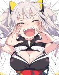  1girl :d ^_^ blush breasts cleavage cleavage_cutout closed_eyes closed_eyes hair_ornament ixy kaguya_luna kaguya_luna_(character) medium_breasts obi open_mouth ribbon sash short_hair silver_hair smile solo teeth twintails upper_body virtual_youtuber white_ribbon wrist_ribbon x_hair_ornament 