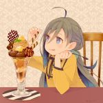  1girl ahoge alternate_costume blue_hair chair chestnut colis commentary_request dessert dress food glass grey_eyes grey_hair hair_between_eyes holding holding_spoon ice_cream kantai_collection kiyoshimo_(kantai_collection) long_hair low_twintails mont_blanc_(food) multicolored_hair parfait solo spoon tongue tongue_out twintails twitter_username upper_body very_long_hair wafer_stick yellow_dress 
