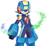  1boy arm_cannon black_hair blue_gloves bodysuit capcom cowboy_shot gloves green_eyes helmet male_focus netnavi rockman rockman_exe rockman_exe_(character) simple_background smile solo standing weapon white_background yuusuke_(5yusuke3) 