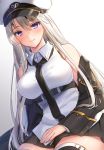  1girl azur_lane black_belt black_coat black_neckwear breasts closed_mouth coat collared_shirt commentary_request dutch_angle enterprise_(azur_lane) eyebrows_visible_through_hair hat highres jiiwara large_breasts long_hair looking_at_viewer military miniskirt necktie open_clothes open_coat peaked_cap shirt silver_hair sitting skirt sleeveless sleeveless_shirt smile solo thigh-highs underbust violet_eyes white_hat 