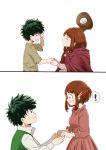  ! 2koma absurdres ailihakeya alternate_costume blush boku_no_hero_academia brown_eyes brown_hair cloak comic dress eye_contact freckles green_eyes green_hair hand_holding highres hood hood_down hooded_cloak looking_at_another majo_shuukai_de_aimashou messy_hair midoriya_izuku pink_dress short_hair sidelocks simple_background spoken_exclamation_mark staff uraraka_ochako wavy_mouth white_background 